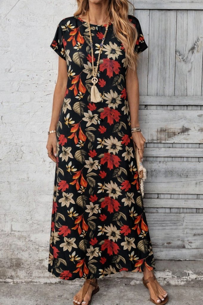 Rochie lungă Supreme pentru femei, cu mânecă scurtă, guler rotund, model floral, 31168