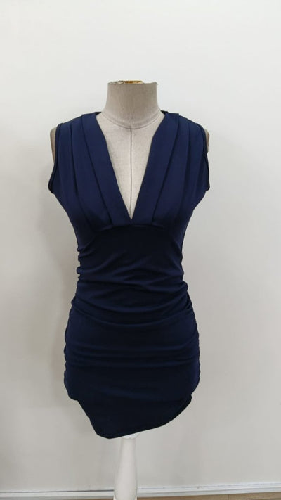 Rochie scurtă femininǎ din Krep importat, cu bretele, guler în cruce, pliseu pe laterale, 36395