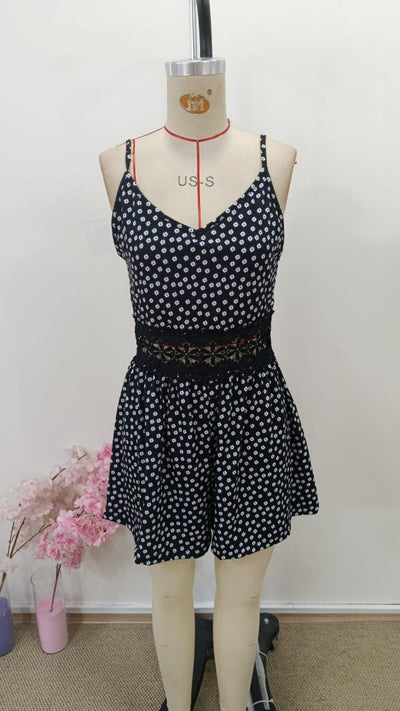 Women's Strappy V-Neck Short Jumpsuit with Lace Waist Detail, 31178