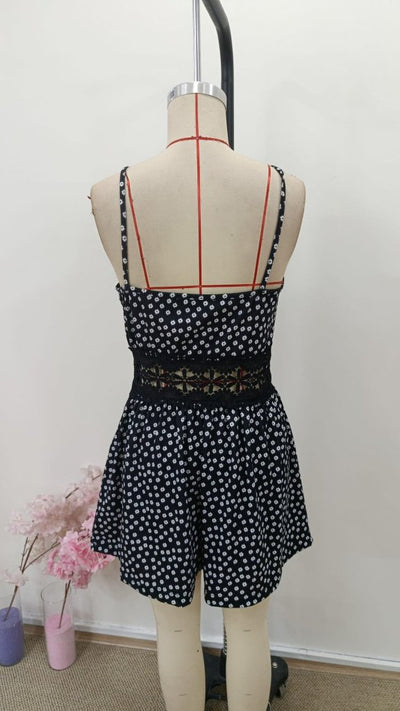 Women's Strappy V-Neck Short Jumpsuit with Lace Waist Detail, 31178