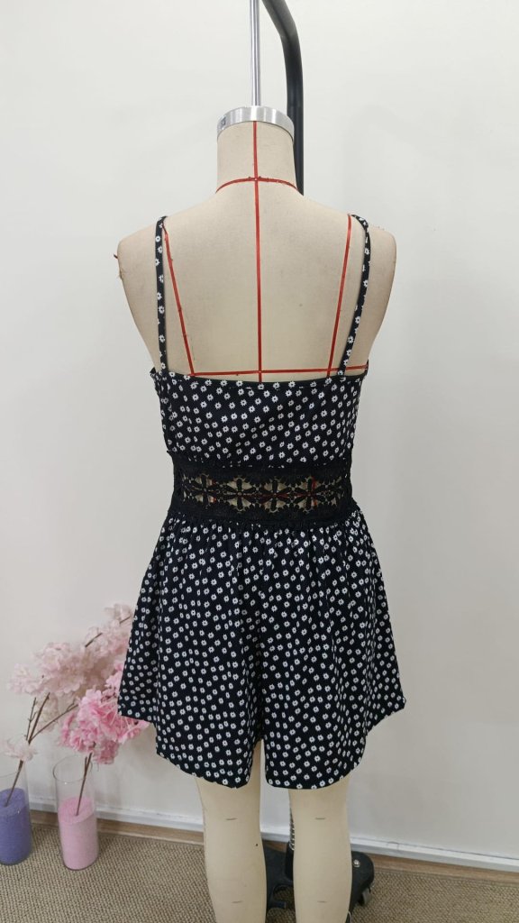 Women's Strappy V-Neck Short Jumpsuit with Lace Waist Detail, 31178