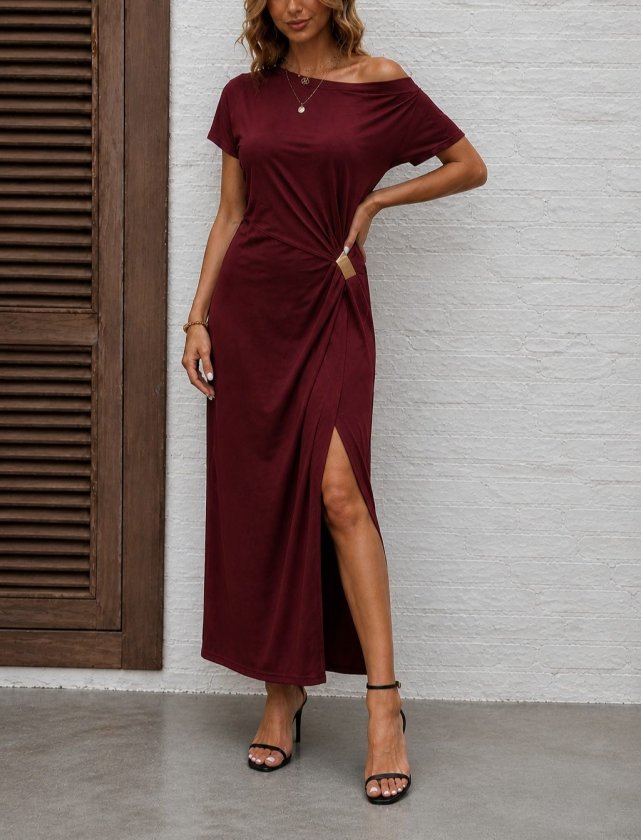 Kadın Kısa Kollu Tek Omuzdan Açık Beli Lastikli Sandy Maxi Elbise, 34333