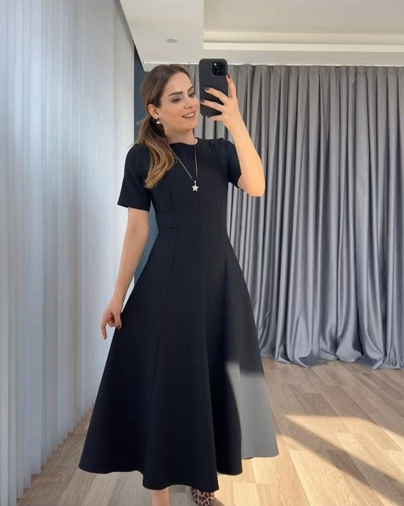 Rochie maxi din crep importat, cu mânecă scurtă și guler rotund, pentru femei, 36200