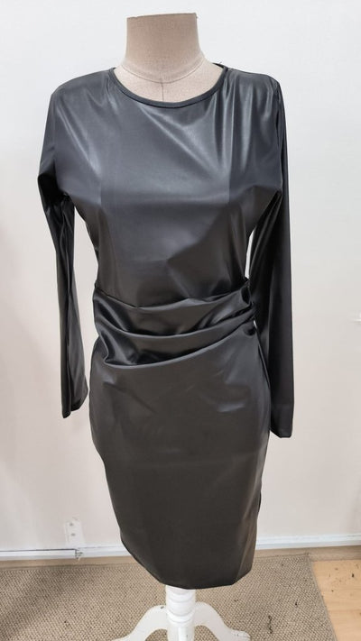 Rochie midi din piele pentru femei, cu mânecă lungă, guler rotund și fermoar la spate, 31761