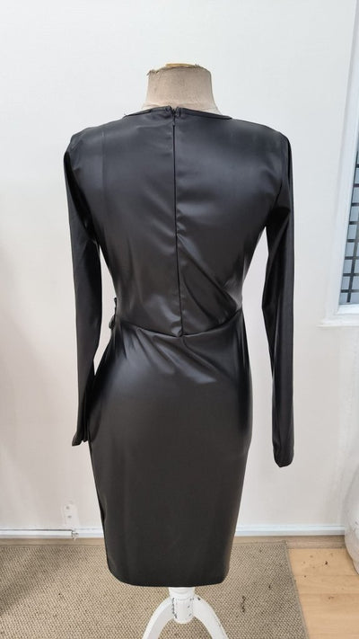 Rochie midi din piele pentru femei, cu mânecă lungă, guler rotund și fermoar la spate, 31761