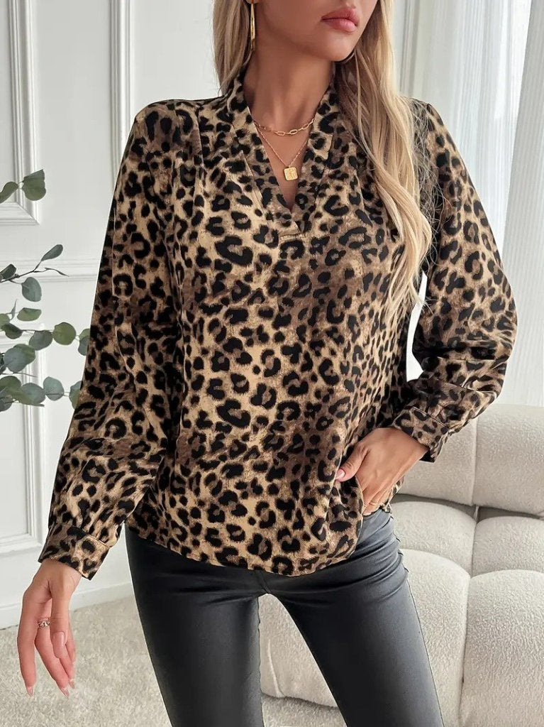 Bluz Leopard Model Damă, Mânecă Lungă, Guler în V, 31275