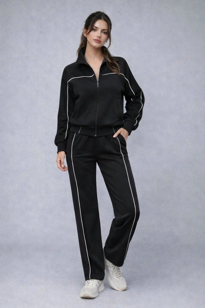 Set de două piese pentru femei, din modal, cu bluză și pantaloni, cu mânecă lungă și fermoar frontal, 31991