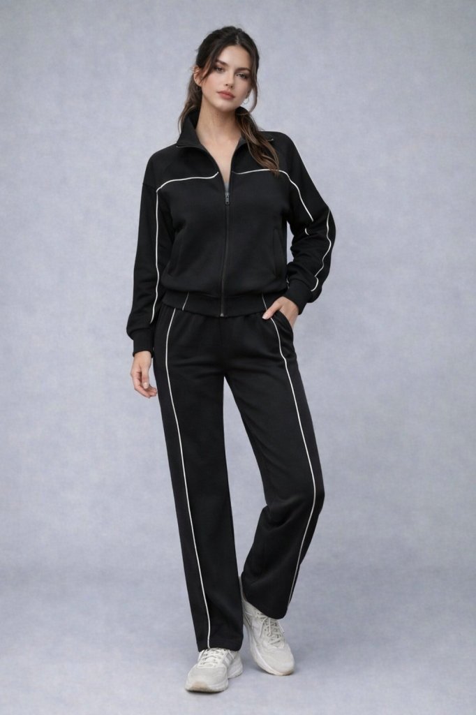 Set de două piese pentru femei, din modal, cu bluză și pantaloni, cu mânecă lungă și fermoar frontal, 31991