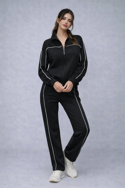 Set de două piese pentru femei, din modal, cu bluză și pantaloni, cu mânecă lungă și fermoar frontal, 31991