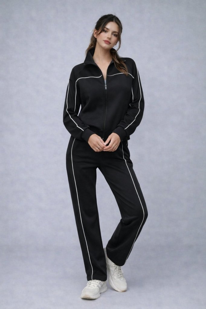 Set de două piese pentru femei, din modal, cu bluză și pantaloni, cu mânecă lungă și fermoar frontal, 31991