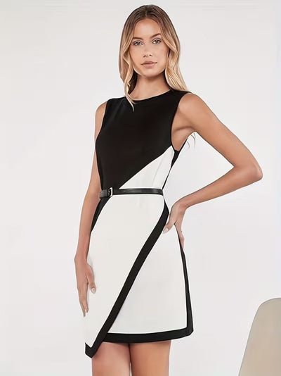 Rochie scurtă din crep importat, bicoloră, asimetrică, fără curea, cu guler rotund și bretele, pentru femei, 31316