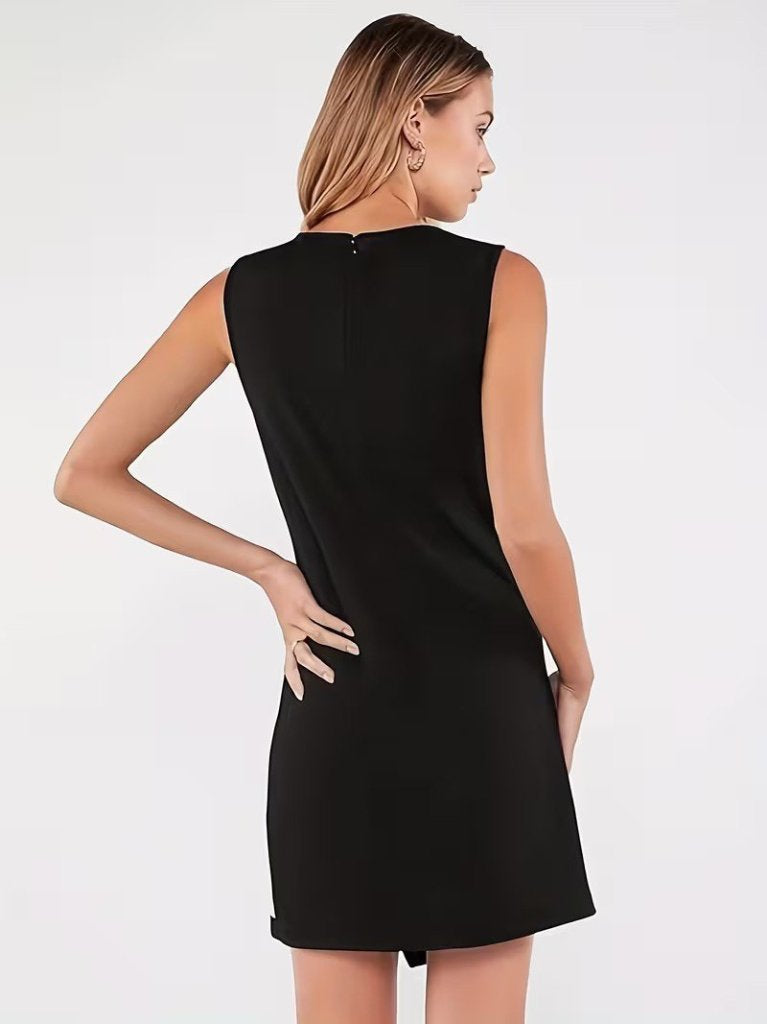 Rochie scurtă din crep importat, bicoloră, asimetrică, fără curea, cu guler rotund și bretele, pentru femei, 31316