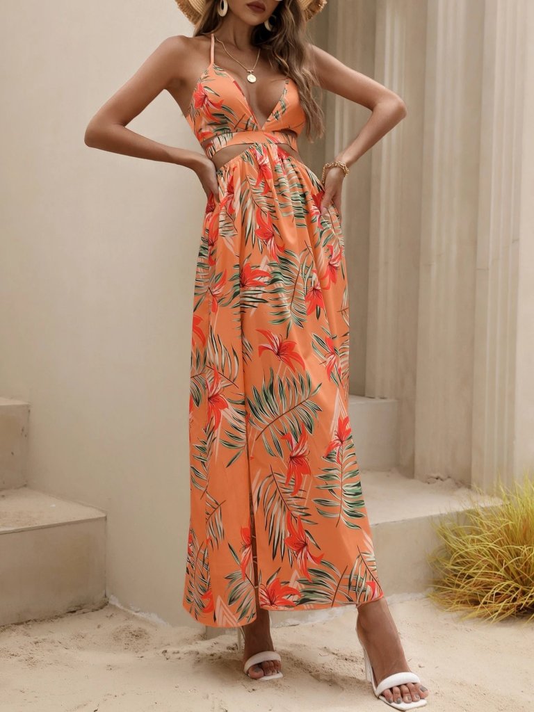 Rochie lungă Supreme pentru femei, cu imprimeu, decolteu în V, bretele, slipul, 31352