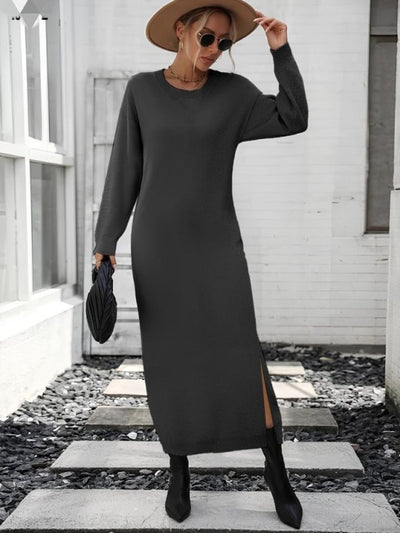 Rochie midi tricotată cu mânecă lungă, guler rotund și detaliu cu crăpături pentru femei, 31375