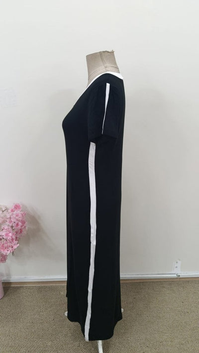 Rochie lungă din viscoză pentru femei, cu mânecă scurtă, decolteu în V și dungi laterale, 31389