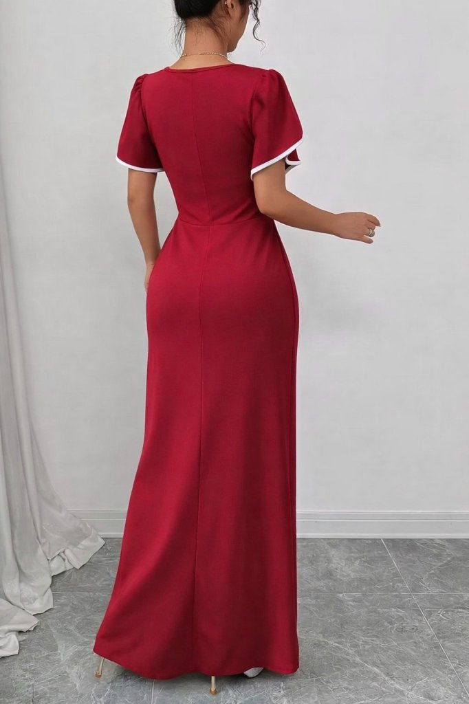 Rochie de damă din crep cu mânecă scurtă și decolteu pătrat, cu decupaj încrucișat în față, 31403