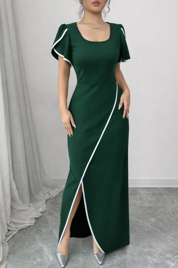 Rochie de damă din crep cu mânecă scurtă și decolteu pătrat, cu decupaj încrucișat în față, 31404