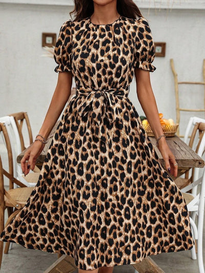 Rochie midi suprem din jerseu cu mânecă scurtă, guler, curea în talie și imprimeu leopard pentru femei, 36139