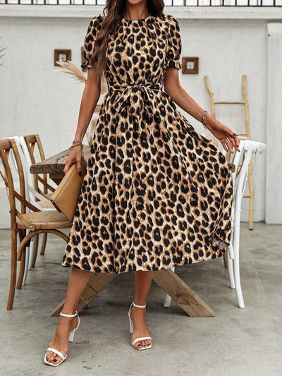 Rochie midi suprem din jerseu cu mânecă scurtă, guler, curea în talie și imprimeu leopard pentru femei, 36139