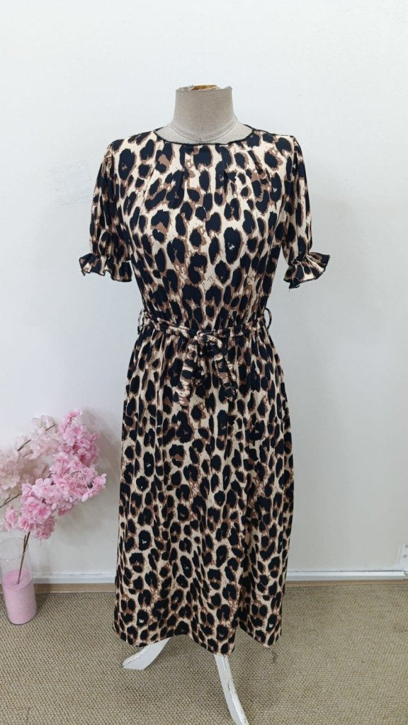 Rochie midi suprem din jerseu cu mânecă scurtă, guler, curea în talie și imprimeu leopard pentru femei, 36139
