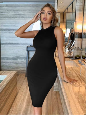 Rochie scurtă de damă cu guler înalt, fără mâneci, model scuba, 31566
