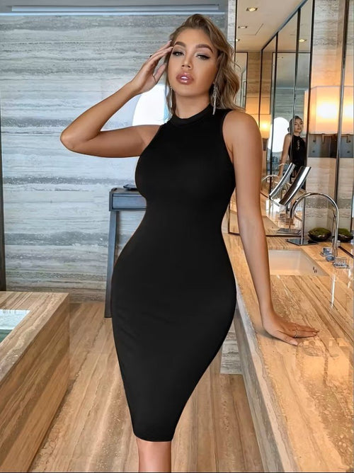 Rochie scurtă de damă cu guler înalt, fără mâneci, model scuba, 31566