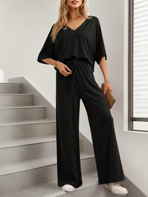 Set de două piese pentru femei, din viscoză, cu mânecă scurtă și decolteu în V, format din bluză și pantaloni, 31570