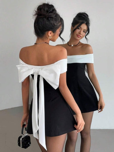 Rochie scurtă de damă din crep importat, cu mânecă scurtă și decolteu Madonna, cu panglică la spate, 31591