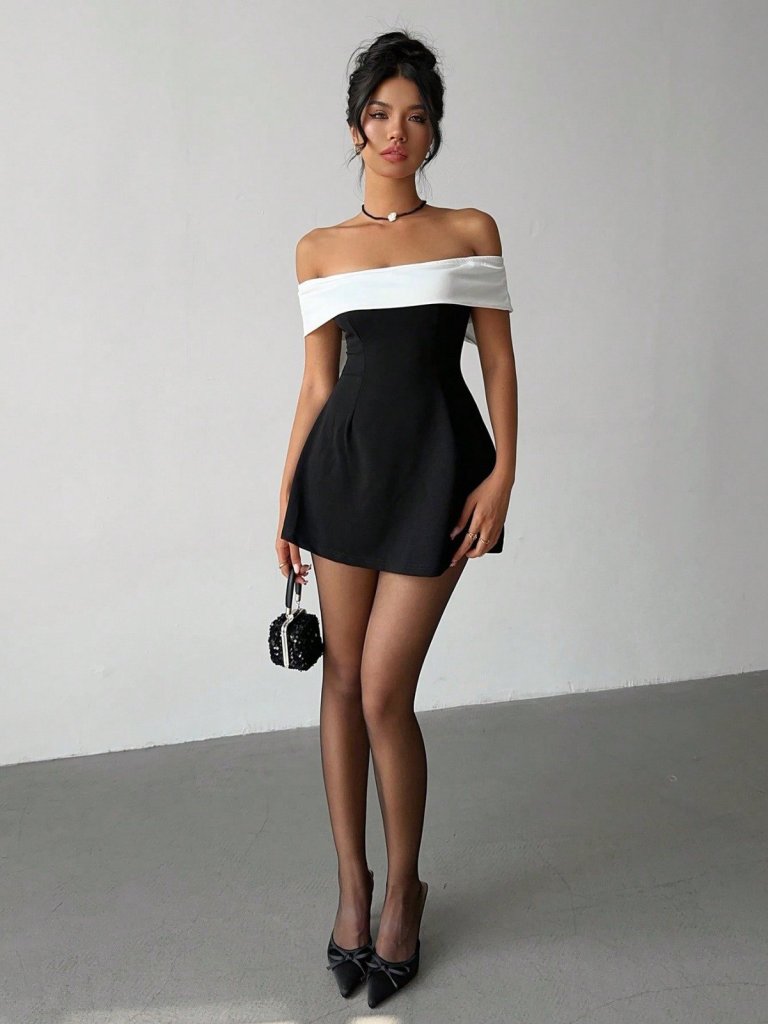 Rochie scurtă de damă din crep importat, cu mânecă scurtă și decolteu Madonna, cu panglică la spate, 31591