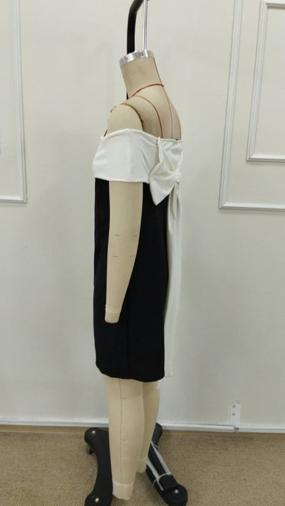 Rochie scurtă de damă din crep importat, cu mânecă scurtă și decolteu Madonna, cu panglică la spate, 31591