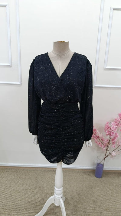 Women's Long Sleeve Wrap Neck Beltless Shimmer Lined Mini Chiffon Dress, 31630