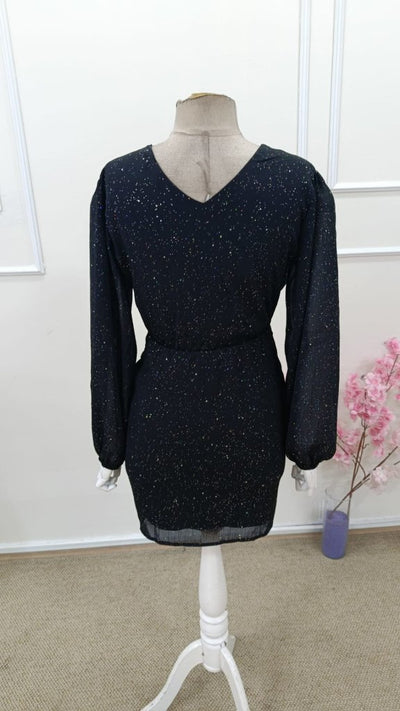 Women's Long Sleeve Wrap Neck Beltless Shimmer Lined Mini Chiffon Dress, 31630