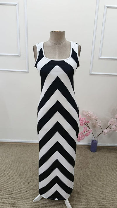 Rochie lungă de damă, model geometric, cu guler rotund și bretele, model scuba, 31640