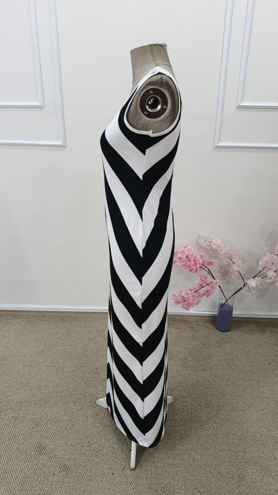 Rochie lungă de damă, model geometric, cu guler rotund și bretele, model scuba, 31640