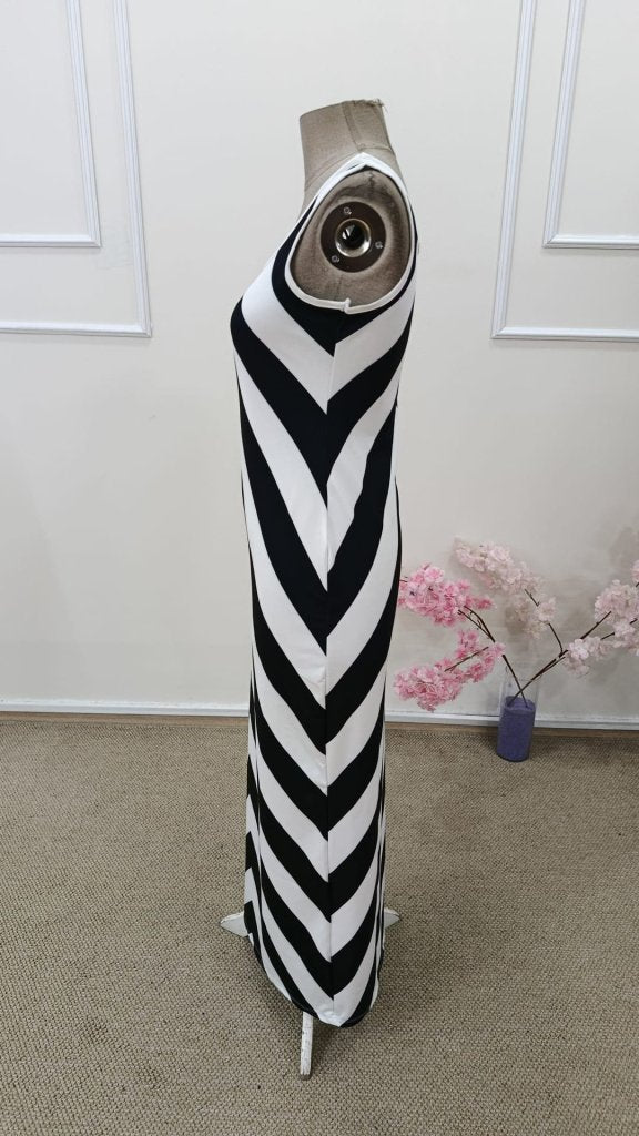 Rochie lungă de damă, model geometric, cu guler rotund și bretele, model scuba, 31640