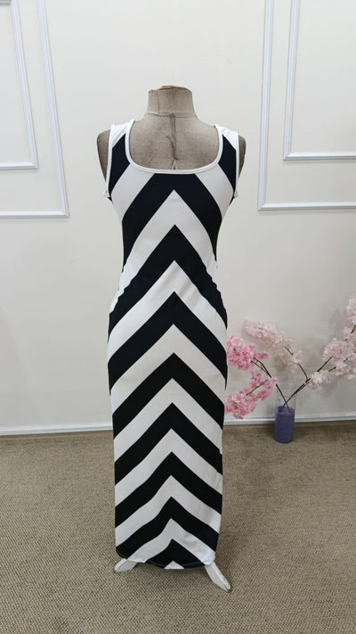 Rochie lungă de damă, model geometric, cu guler rotund și bretele, model scuba, 31640
