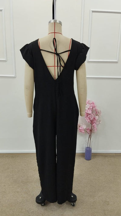 Women's Short Sleeve V-Neck Deep Back Lace-Up Long Aerobin Jumpsuit, 31645