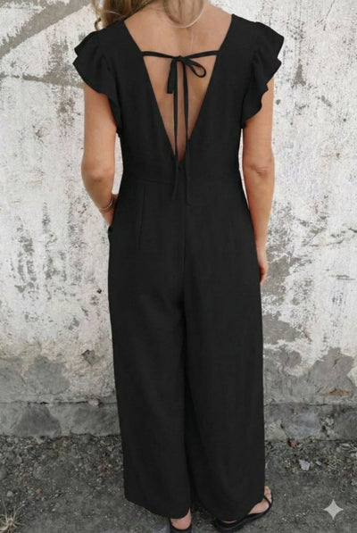 Women's Short Sleeve V-Neck Deep Back Lace-Up Long Aerobin Jumpsuit, 31645