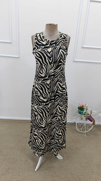 Women's Strappy Round Neck Zebra Print Long Supima Dress, 31683
