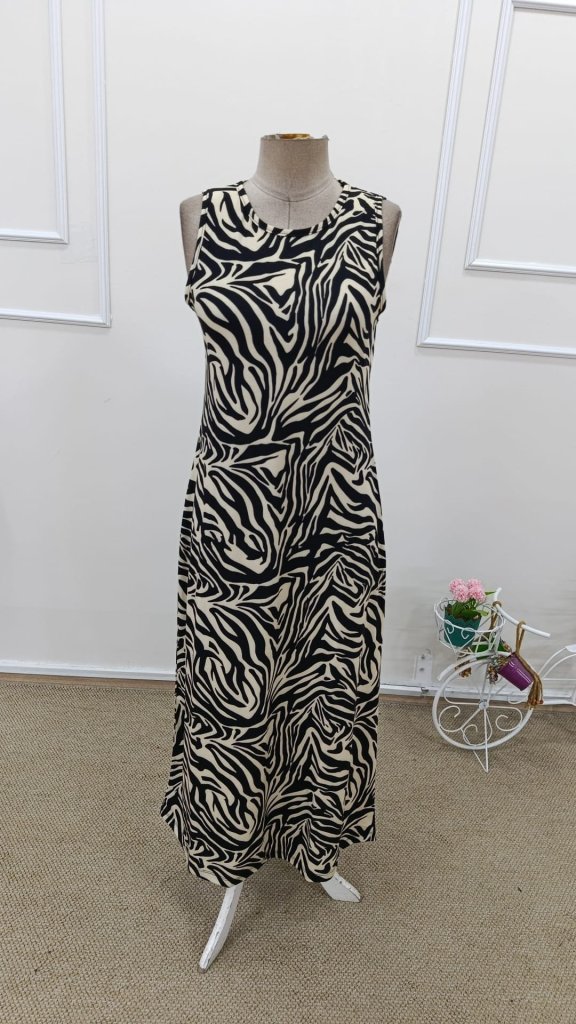 Women's Strappy Round Neck Zebra Print Long Supima Dress, 31683