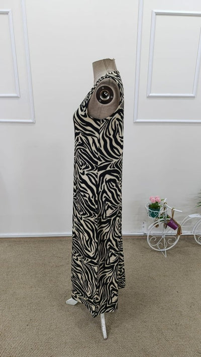 Women's Strappy Round Neck Zebra Print Long Supima Dress, 31683