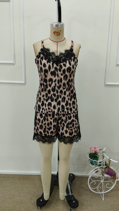 Women's Strappy V-Neck Lace Detail Leopard Print Supplex Camisole and Shorts Two-Piece Set, 31710