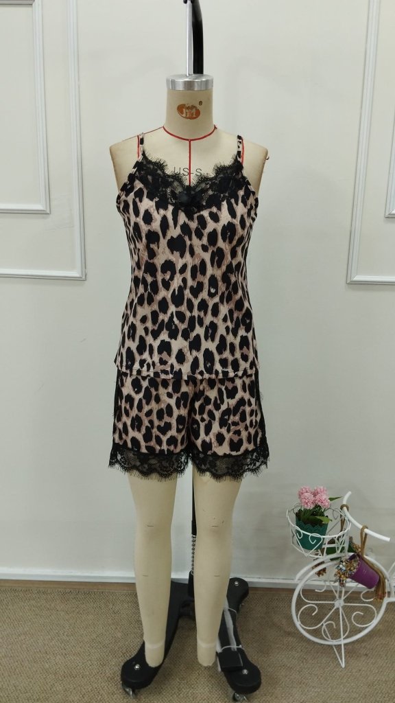 Women's Strappy V-Neck Lace Detail Leopard Print Supplex Camisole and Shorts Two-Piece Set, 31710