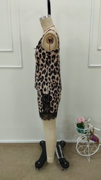 Women's Strappy V-Neck Lace Detail Leopard Print Supplex Camisole and Shorts Two-Piece Set, 31710