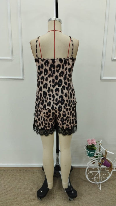 Women's Strappy V-Neck Lace Detail Leopard Print Supplex Camisole and Shorts Two-Piece Set, 31710