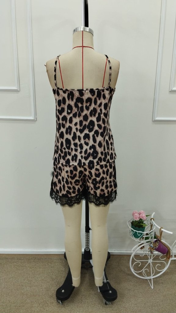 Women's Strappy V-Neck Lace Detail Leopard Print Supplex Camisole and Shorts Two-Piece Set, 31710