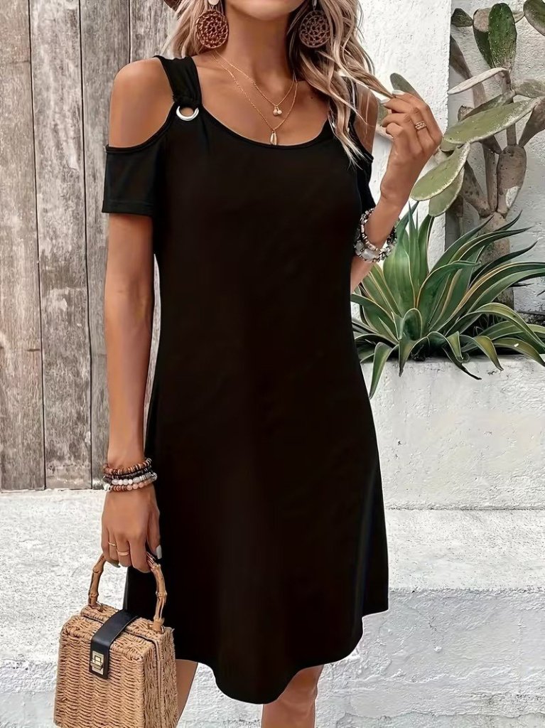 Women's Short Sleeve Off-Shoulder Mini Viscose Dress with Birdseye Detail, 31723
