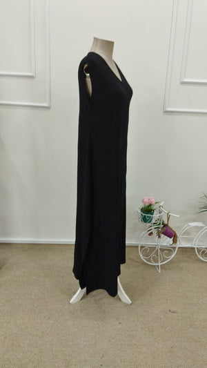 Rochie lungă cu bretele, decolteu în V și crăpături laterale, model creț, 31720
