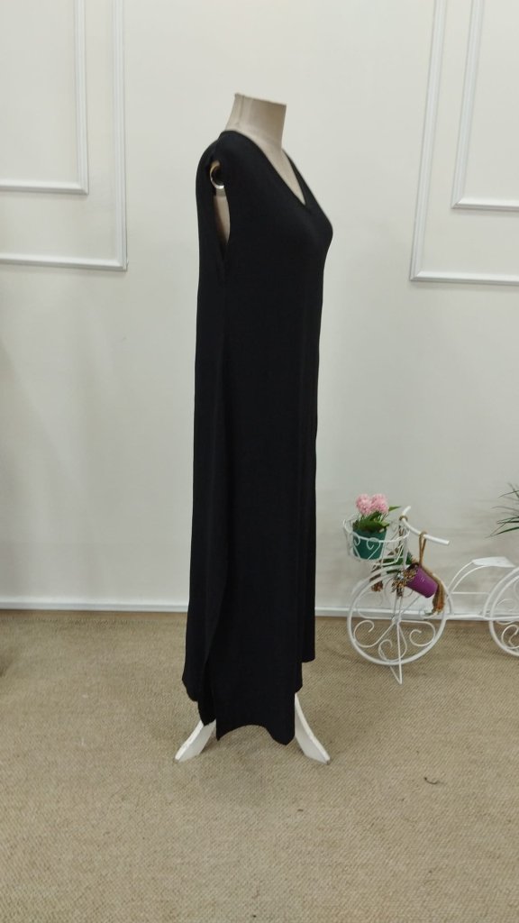 Rochie lungă cu bretele, decolteu în V și crăpături laterale, model creț, 31720