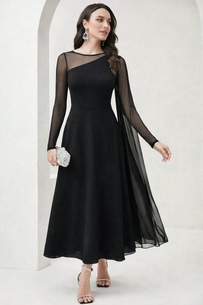 Rochie Sandy lungă din material suprem cu mâneci lungi, guler semi-halter și detaliu din tul, 33664
